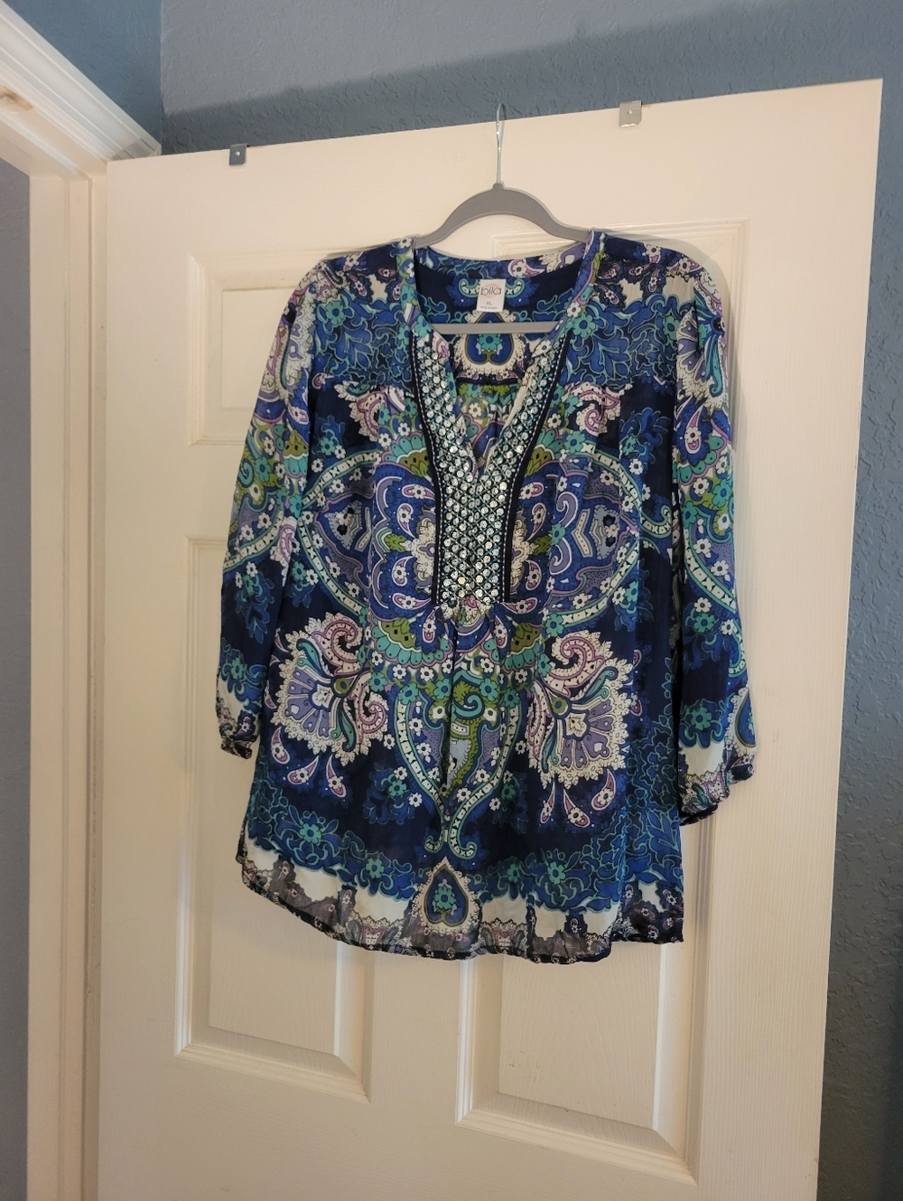 Billa Blue Multi Peasant Blouse Women's Size XL w Sequins & Embroidery Plus Size